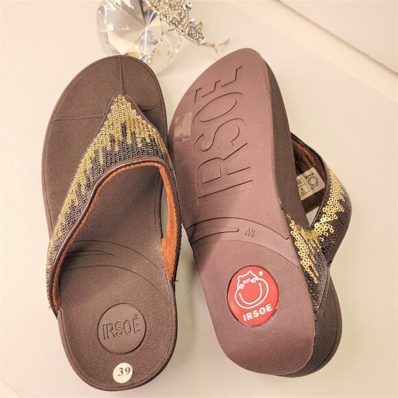 BROWN Sparkly Size 8 Summer Wedge Sandals Rhinestone Embellish Comfy Flip Flops - Picture 4 of 12